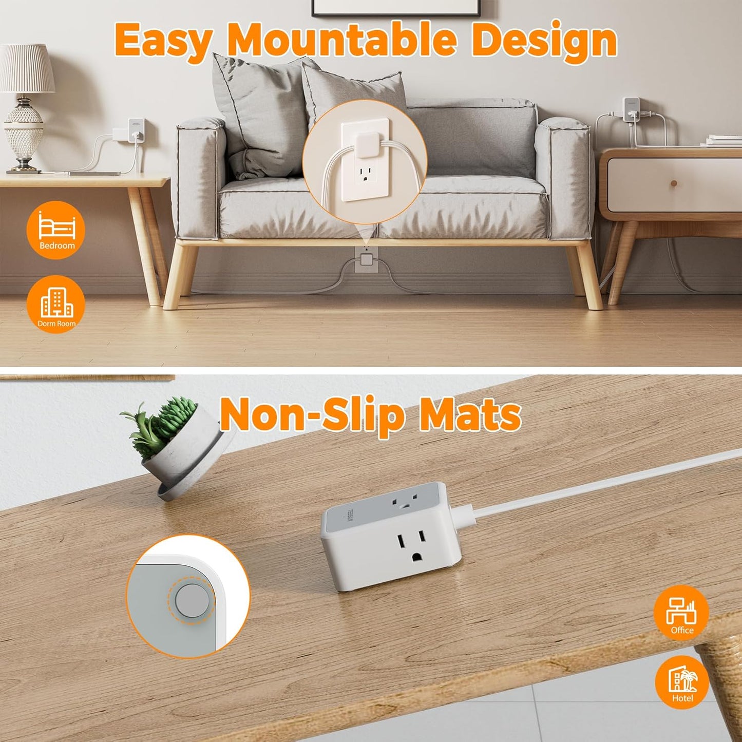 TESSAN Twin Extension Cord 12 FT, Double Ended Flat Plug Surge Protector Power Strip, 3 Non Blocking Outlets 6 Feet Power Splitter Each Side, Dual Split Outlet Extension for Home Office Dorm Room