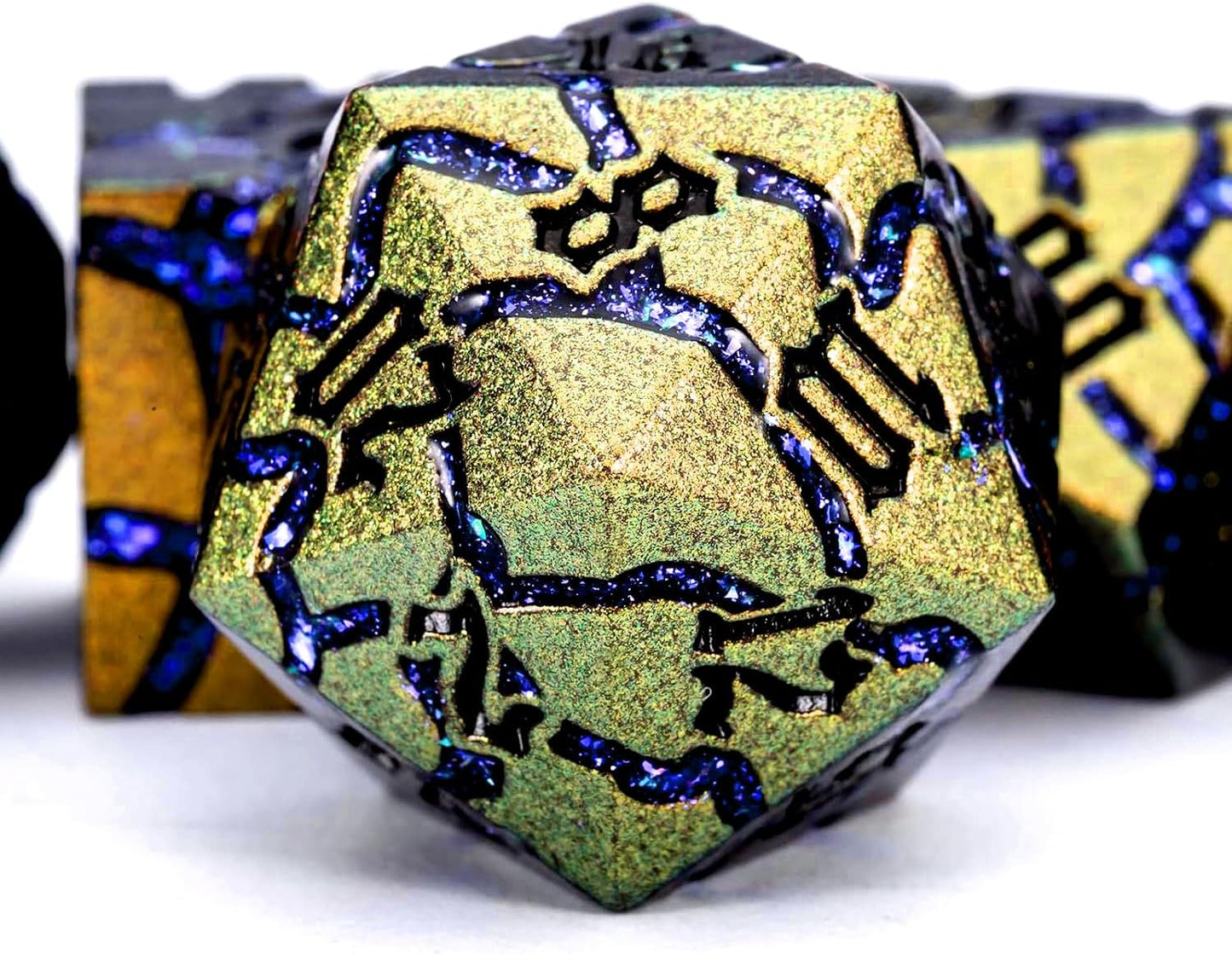 Dice Set D&D Metal,DND Metallic Glitter Crack Dice with Gift Box for RPG Board Games (Greenish Yellow Color + Purple)