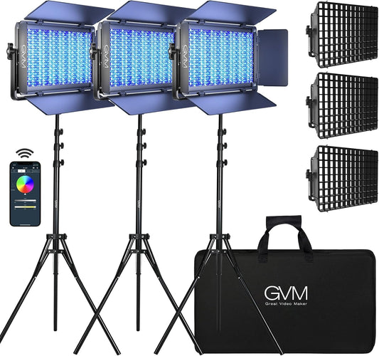 GVM 1500D RGB LED Video Light with Softbox, 75W Video Lighting Kit with Bluetooth Control, 3 Packs Led Panel Light for Photography, YouTube Studio, Broadcasting, 18 Kinds Lighting Scene