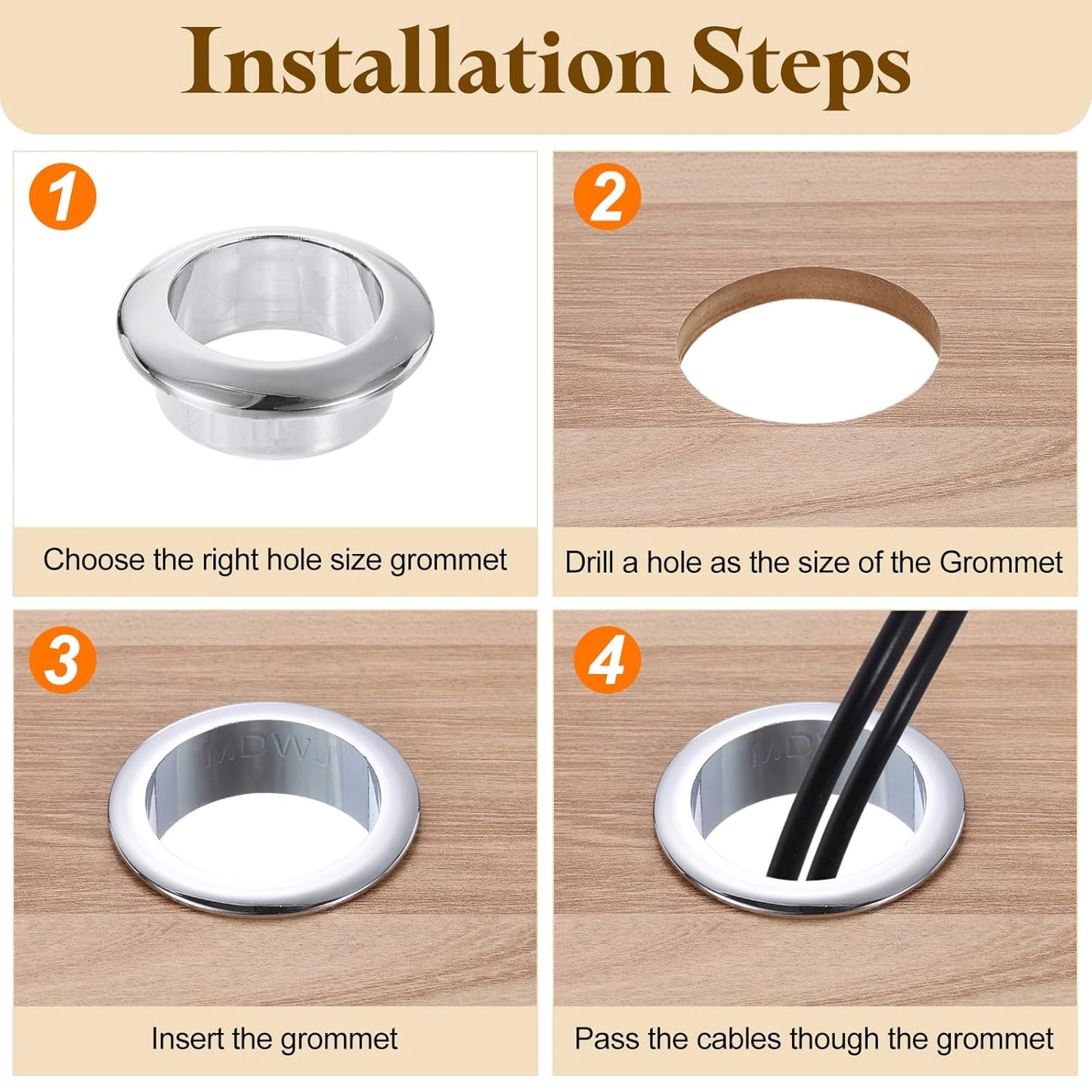 uxcell Desk Grommet, 1-9/16" (40mm) Zinc Alloy Cable Hole Cover Wire Cord Organizer with Marked Cable Ties for Home Office Desktop Wire, Silver Tone