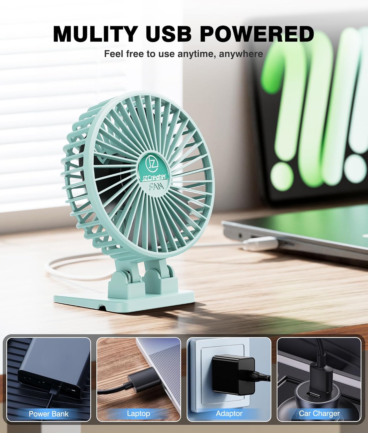JZCreater USB Desk Fan, Mini Fan Portable, 3 Speeds Desktop Table Cooling Fan, Plug in Power Fan, Rotation Strong Wind, Quiet Personal Small Fan for Home Desktop Office Travel Bedroom, Apple Green