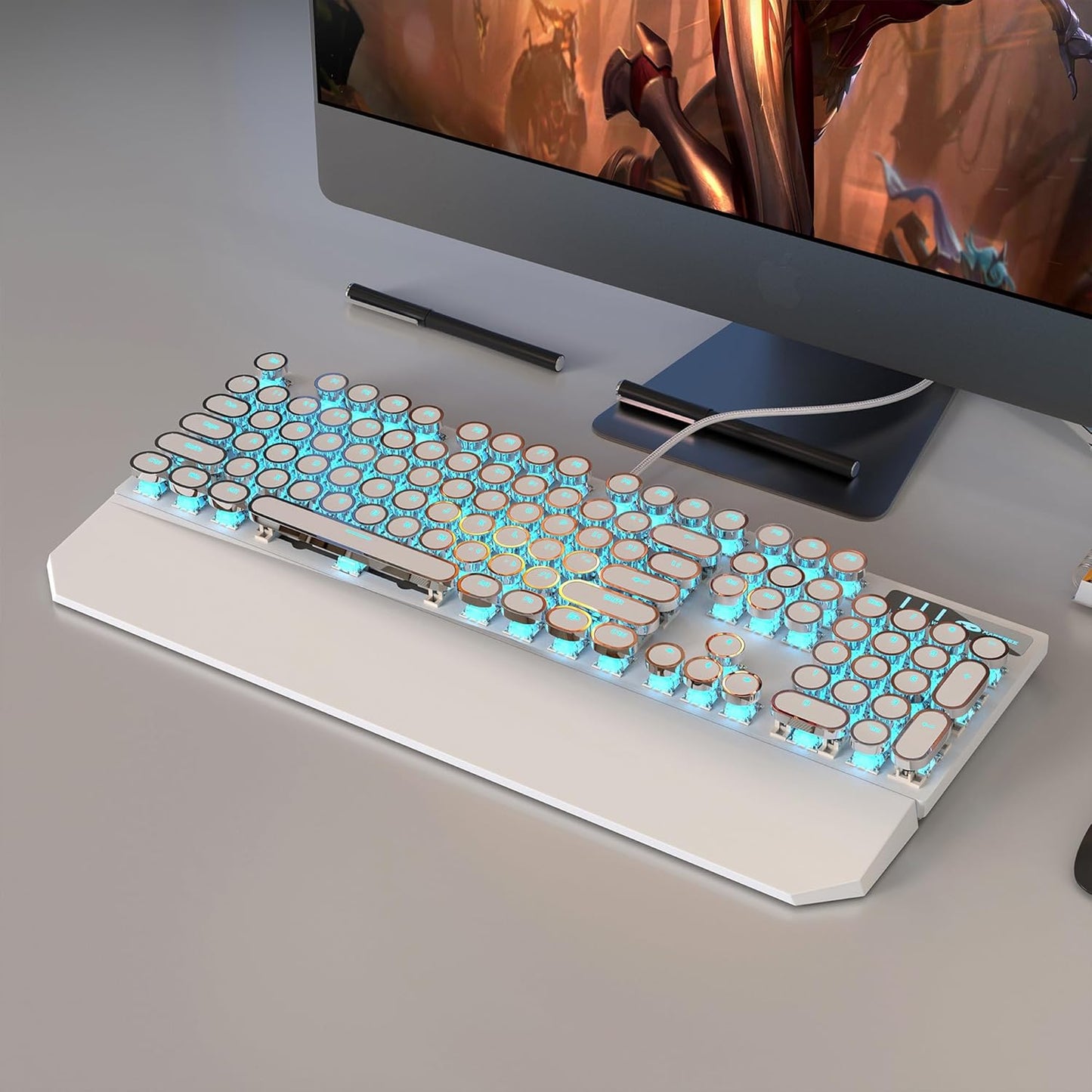 MageGee Typewriter Mechanical Gaming Keyboard, Retro Punk White Round Keycaps, 104 Keys LED Blue Backlit Wired Keyboards for Laptop MAC PC Gamer, with Magnetic Wrist Rest, Blue Switch