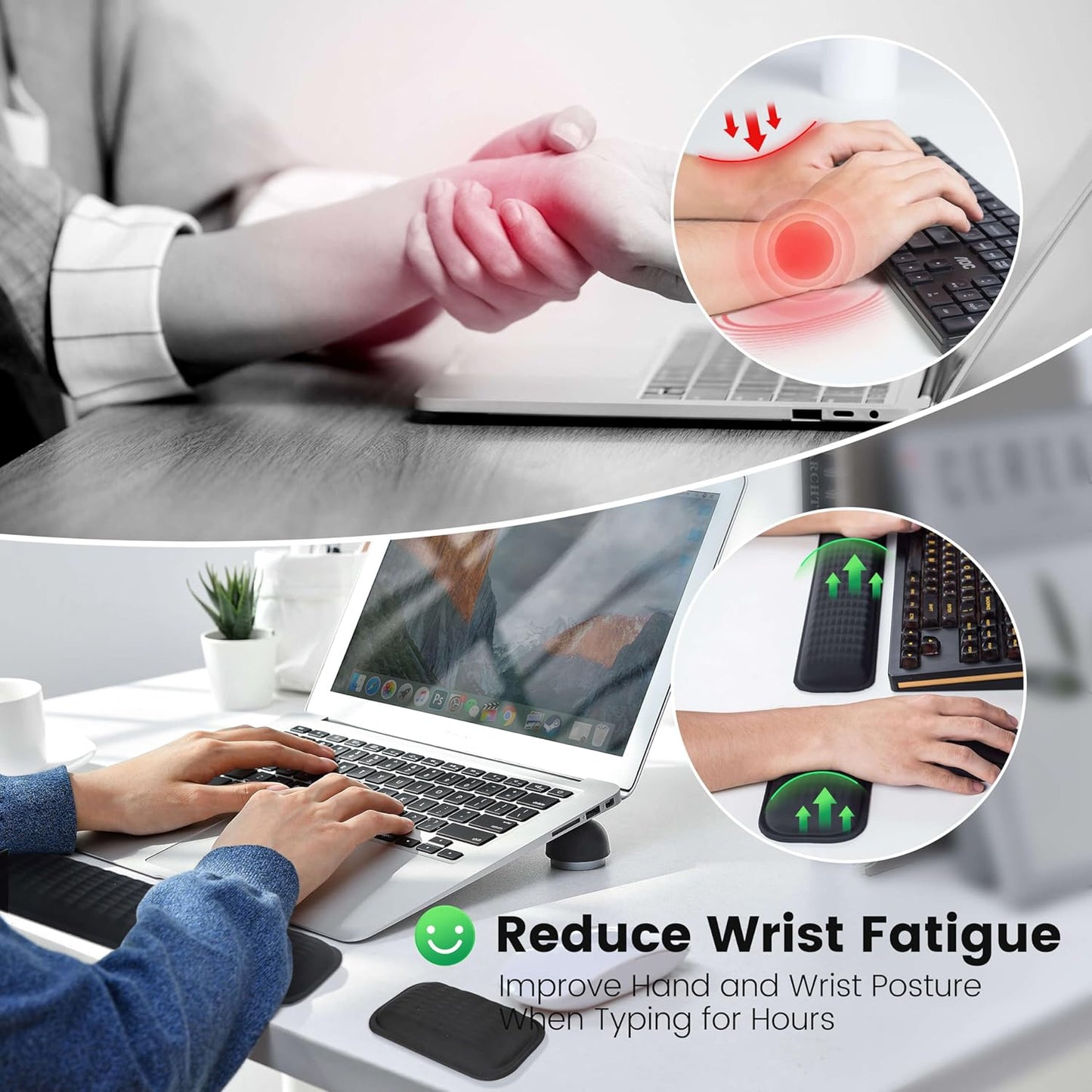 MEKASS Ergonomic Wrist Rest for Keyboard and Mouse, Soft Memory Foam Keyboard Wrist Rest Set with Non-Slip Silicone Base, Easy Typing, Pain Relief, Comfort for Office, Work, Gaming (Green)