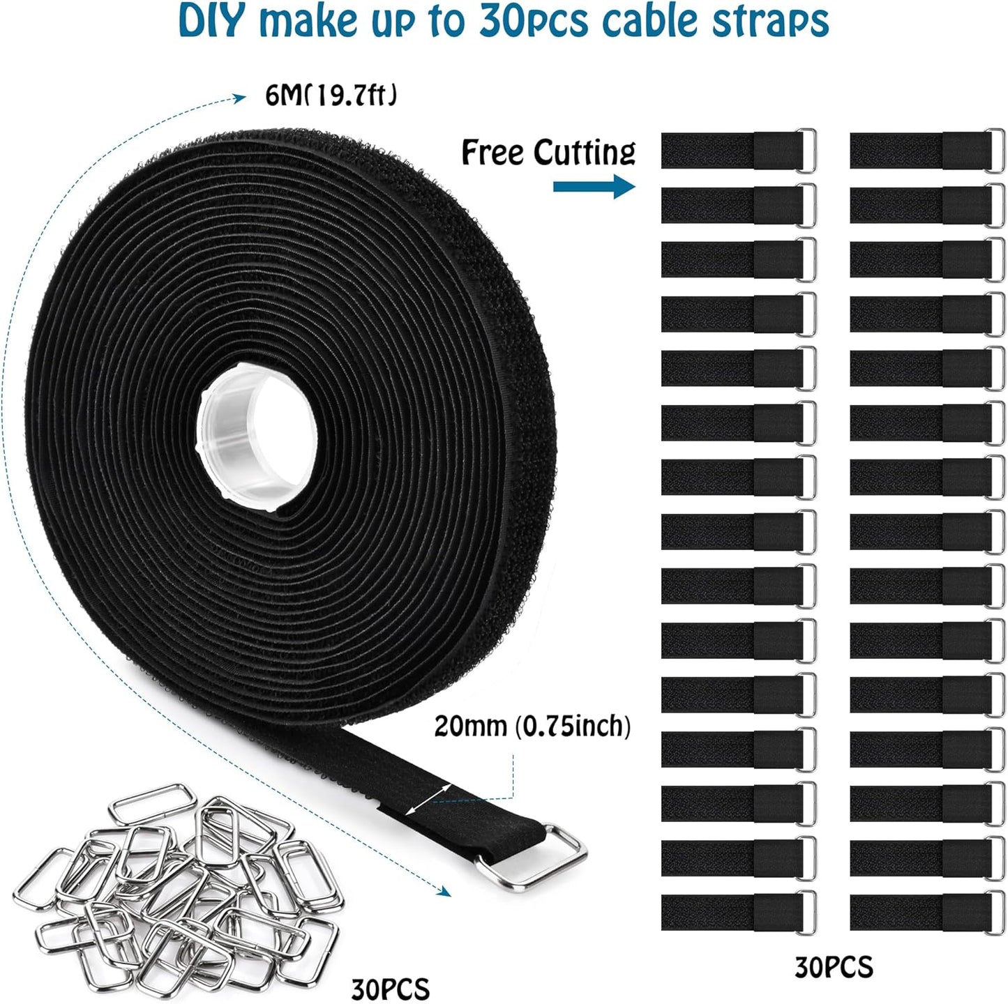 0.75"x19.7ft Hook and Loop Straps with 30 Buckles Adjustable Cut-to-Length Cable Ties - Reusable Nylon Fastening Tape Cable Straps for Storage or Organization (0.75in x 19.7ft)