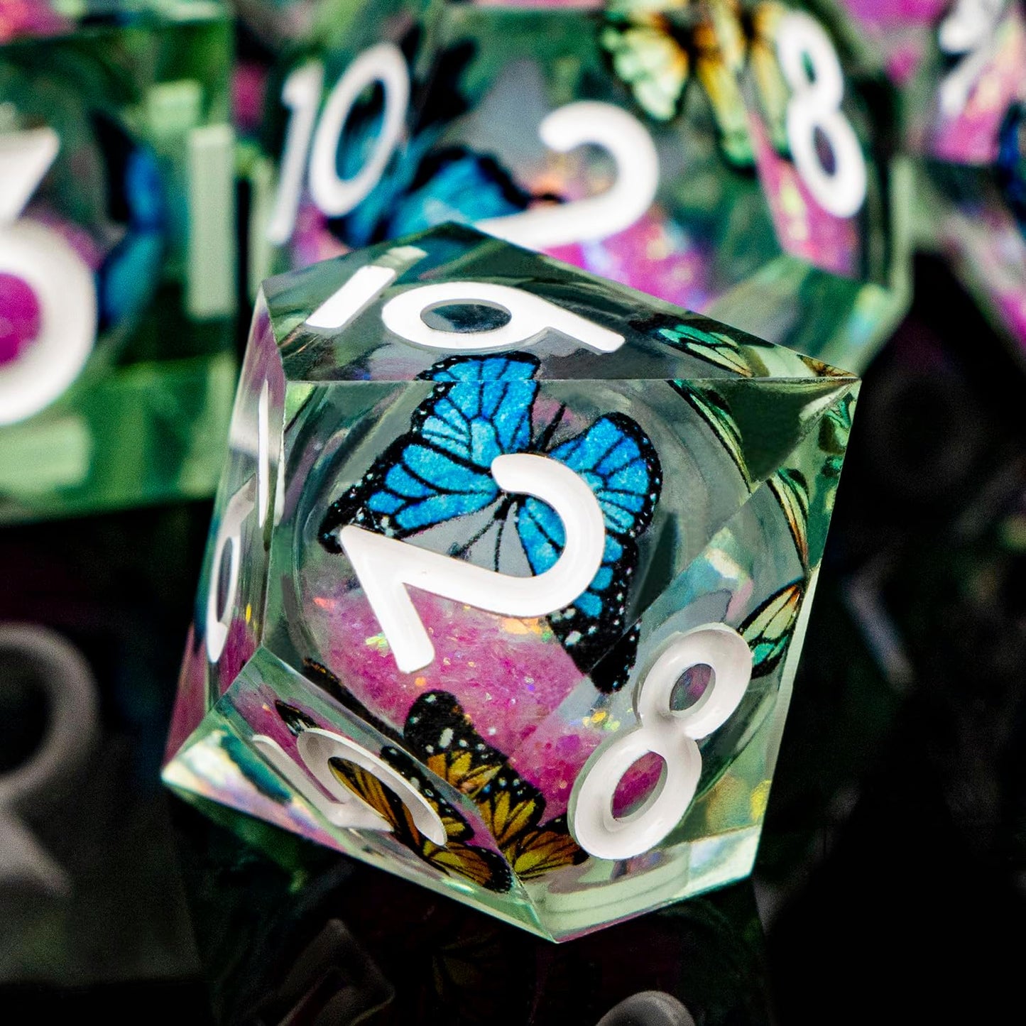 Butterfly DND Dice Pink Liquid Core Dice Set with Metal Box, Handmade Sharp Edge D and D Polyhedral Dice for use with D&D Role Playing Game, D20 D12 D10 D8 D6