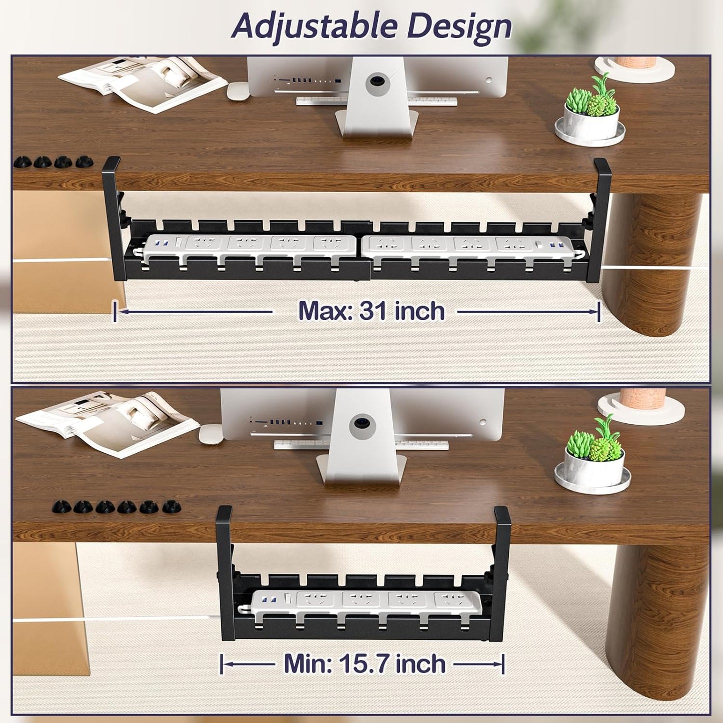 Shikha Cable Management Under Desk, 15.7"-31" Retractable Cable Management Tray, No Drilling Cord Organizer with Clamp for Desk, Under Table Wire Management Tray for Home Office