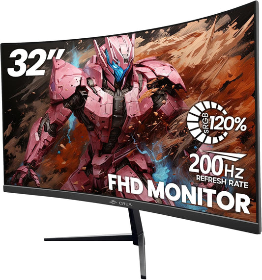 CRUA 32Inch Curved Gaming Monitor, FHD(1920 * 1080P) VA Screen 165Hz/200Hz, 1800R VA Screen, 120% sRGB, Computer Monitor That Support AMD Freesync, HDMI, DP, Wall Mountable Installs-Black