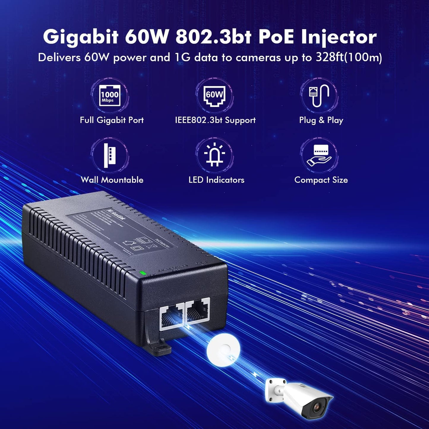 MokerLink Gigabit PoE Injector, 802.3af/at/bt 60W, 10/100/1000Mbps Ethernet, Plug & Play, Distance Up to 100 Meters (328 ft.)