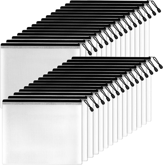 SUNEE Mesh Zipper Pouch 9x13 in (Black, 30 Packs), Mesh Bags with Zipper for School Office Supplies, Puzzles & Games, Travel Accessories, Waterproof Zipper Pouches for Organizing