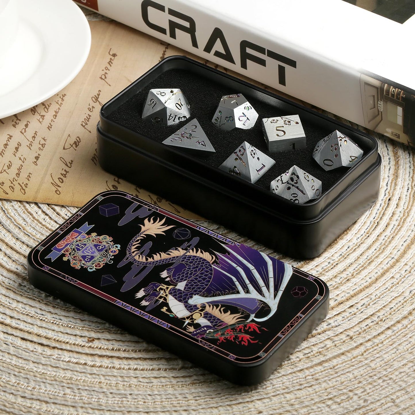DNDND Rainbow Flower Metal Dice Set, 7 PCS Metallic Flowers DND Dice with Gorgeous Gift Case for D&D Dungeons and Dragon Tabletop Game (Rainbow Flowers)