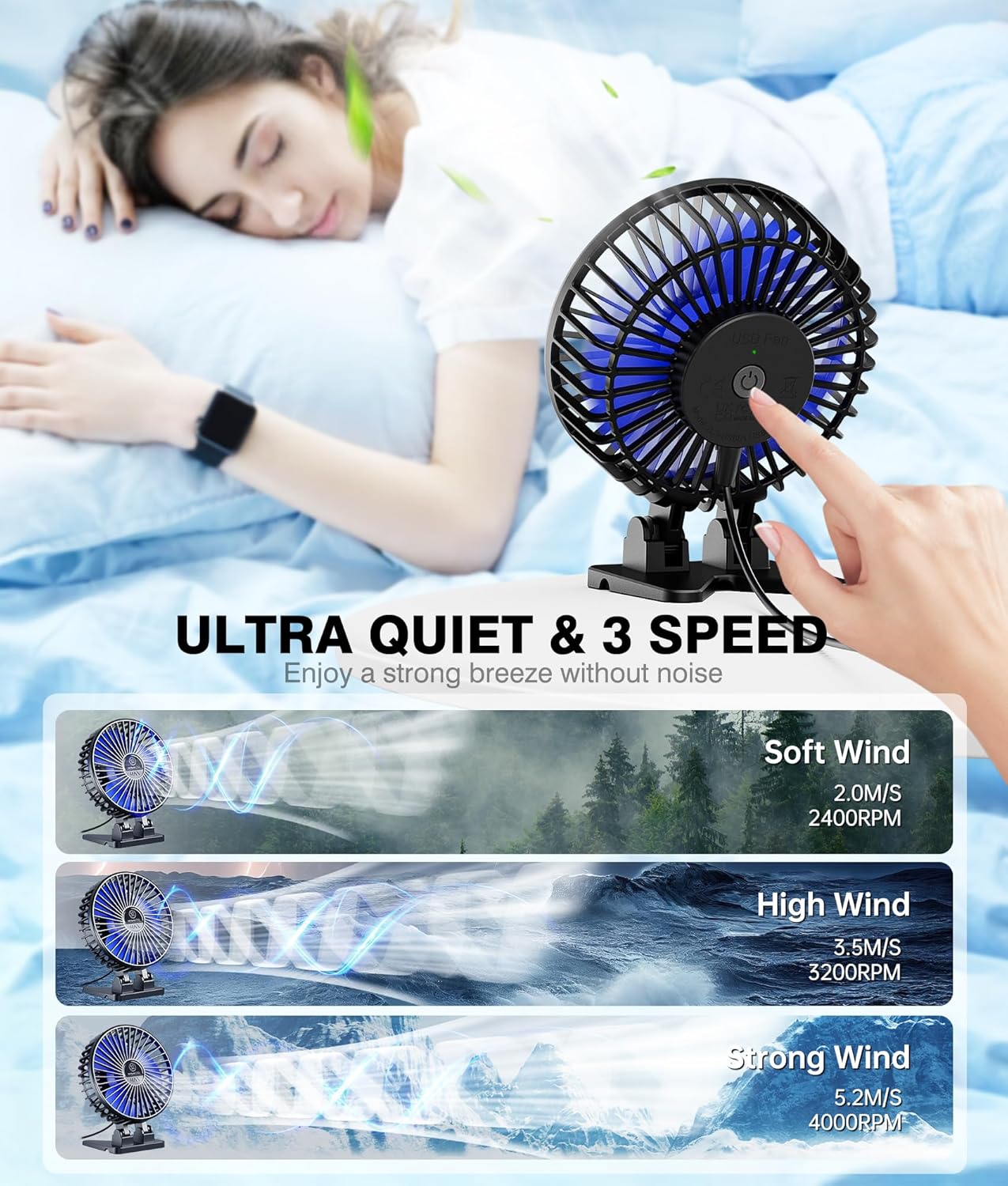 JZCreater USB Desk Fan, Mini Portable Fans, 3 Speeds Desktop Table Cooling Fan, Plug in Power, Rotation Strong Wind, Quiet Personal Small for Home Office Travel Bedroom, Black Blue