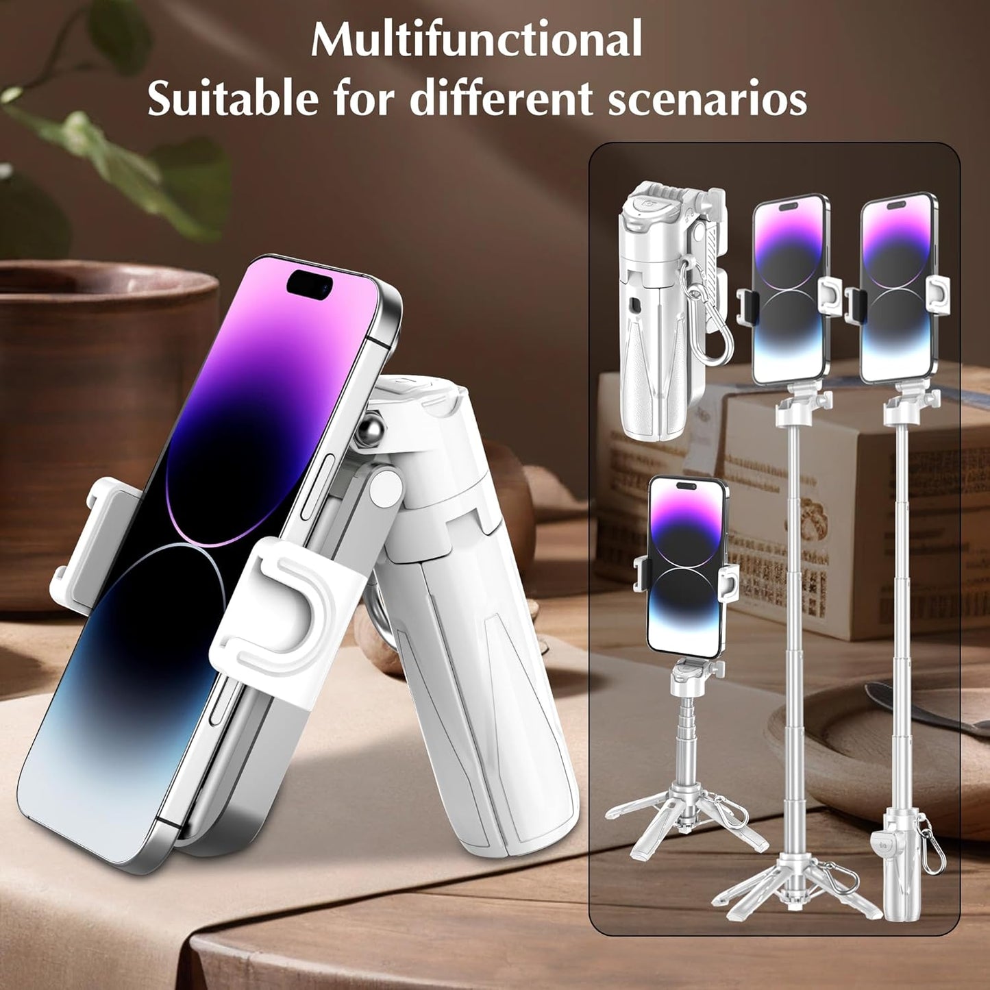 Mini Selfie Stick Tripod, Extendable Grip Phone Tripod with Detachable Remote Pocket Size, 4-in-1 Mini Phone Grip, 10m Wireless Shutter, Vlog Livestreaming Photography （White）