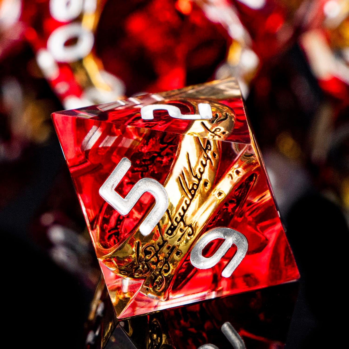 Magic Golden Ring DND Dice Set Sharp Edge Red Resin Dice with Box, for Use with D&D RPG Role Playing Games, Lord D and D Polyhedral Dice Set