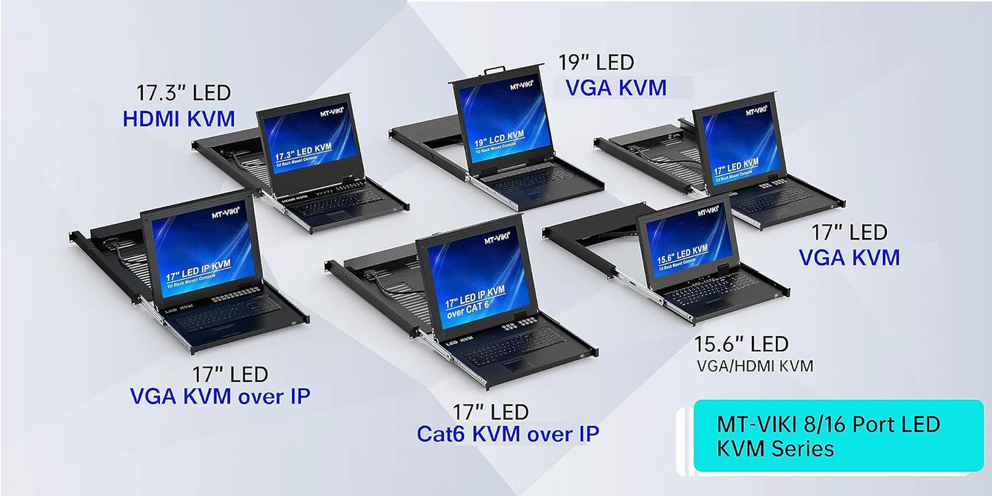 MT-VIKI® Rack Mount KVM HDMI with 17.3'' LCD Monitor, 1080P Support OSD/Hotkey, Included 16 KVM Cables+Keyboard + Touchpad, Fit 1U 19'' Rack
