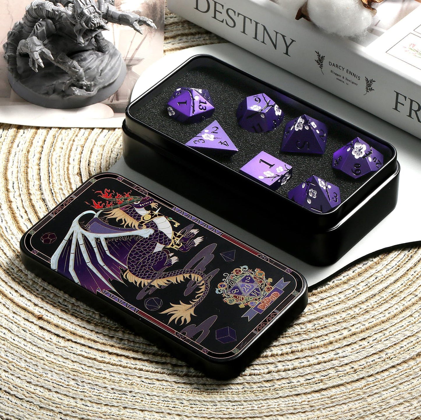 Matt Purple D&D Metal Dice, DNDND 7 PCS Heavy Metallic DND Dice Set with Gorgeous Gift Case for Dungeons and Dragon Tabletop Game (Matte Purple with White Flowers)