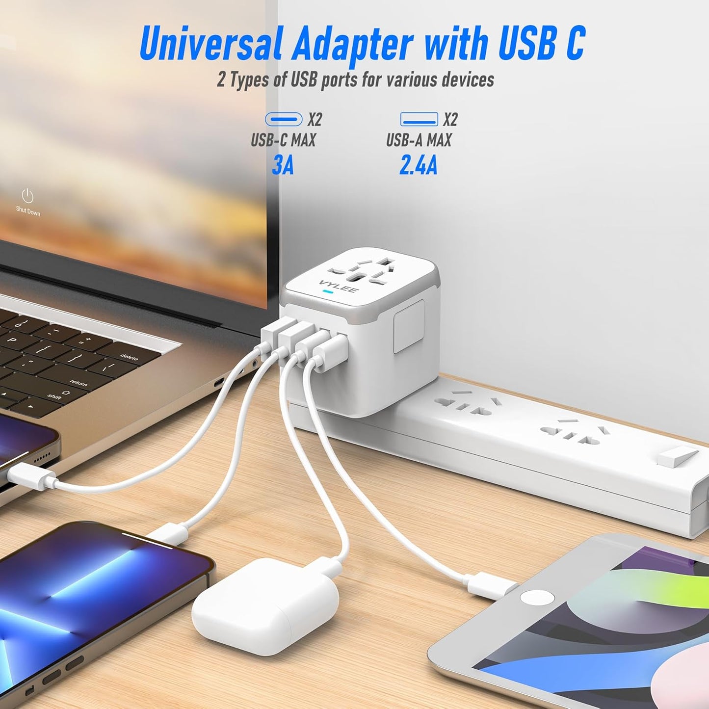 Universal International Power Travel Plug Adapter, 5 in 1 European Travel Plug Adapter W/ 3.5A 2xUSB-A and 2xUSB C Wall Charger and Worldwide AC Outlet for Europe USA UK AUS Asia (White Grey)