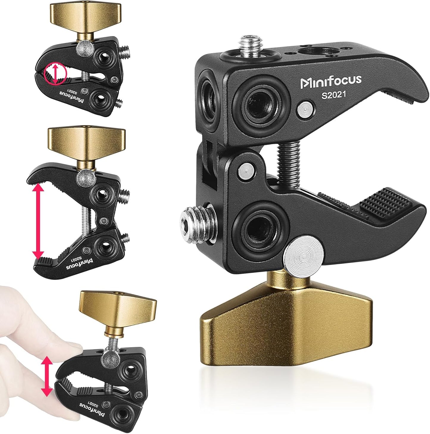 MINIFOCUS Super Clamp Mount, Tripod Clamp with 1/4" & 3/8" Threaded Holes, 3/8" Locating Pin for ARRI Standard, T-Shaped Wingnut and Silicone Pad, Versatile Crab Clip Strong Clamp for Camera/LED Light