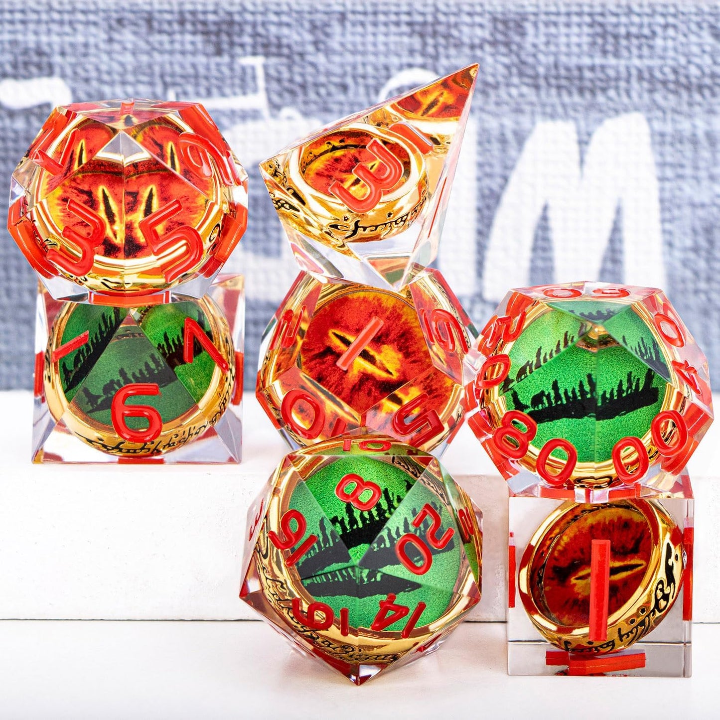 Magic Golden Ring DND Dice Set Sharp Edge Red Gaze Eye Resin Dice with Box, for use with RPG D&D Tabletop Games Lord D and D Polyhedral Dice Set