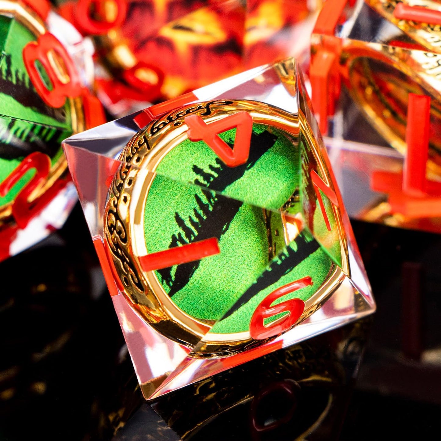 Magic Golden Ring DND Dice Set Sharp Edge Red Gaze Eye Resin Dice with Box, for use with RPG D&D Tabletop Games Lord D and D Polyhedral Dice Set