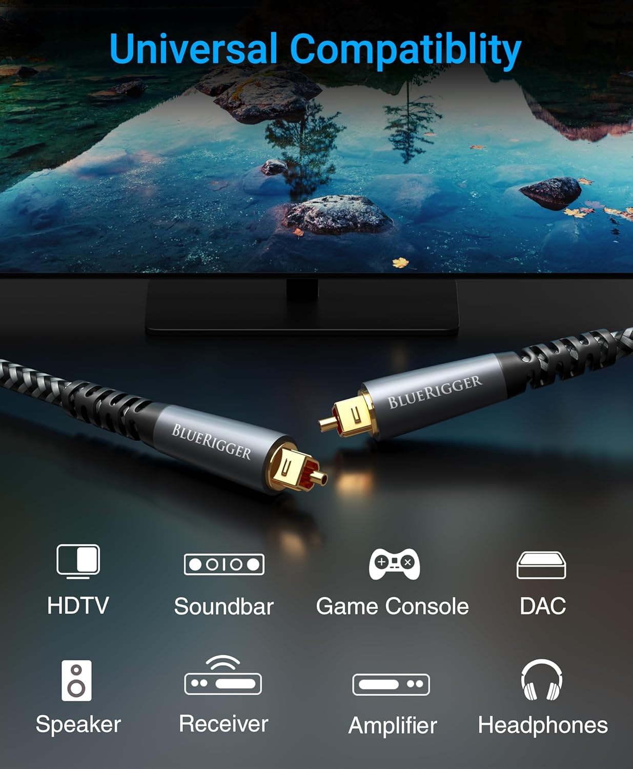 BlueRigger Digital Optical Audio Cable (6FT, Toslink Cable for Soundbar, Braided Fiber Optic, S/PDIF, Metal Shell) - Compatible with HomeTheatre, TV, Game Console (PS4, Xbox), DVR