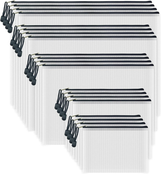 AUSTARK 20 Pcs Zipper File Bags, Plastic Mesh Pouch, Board Game Storage Bag, Waterproof Bags for Office School (Multi-Size, White and Black)