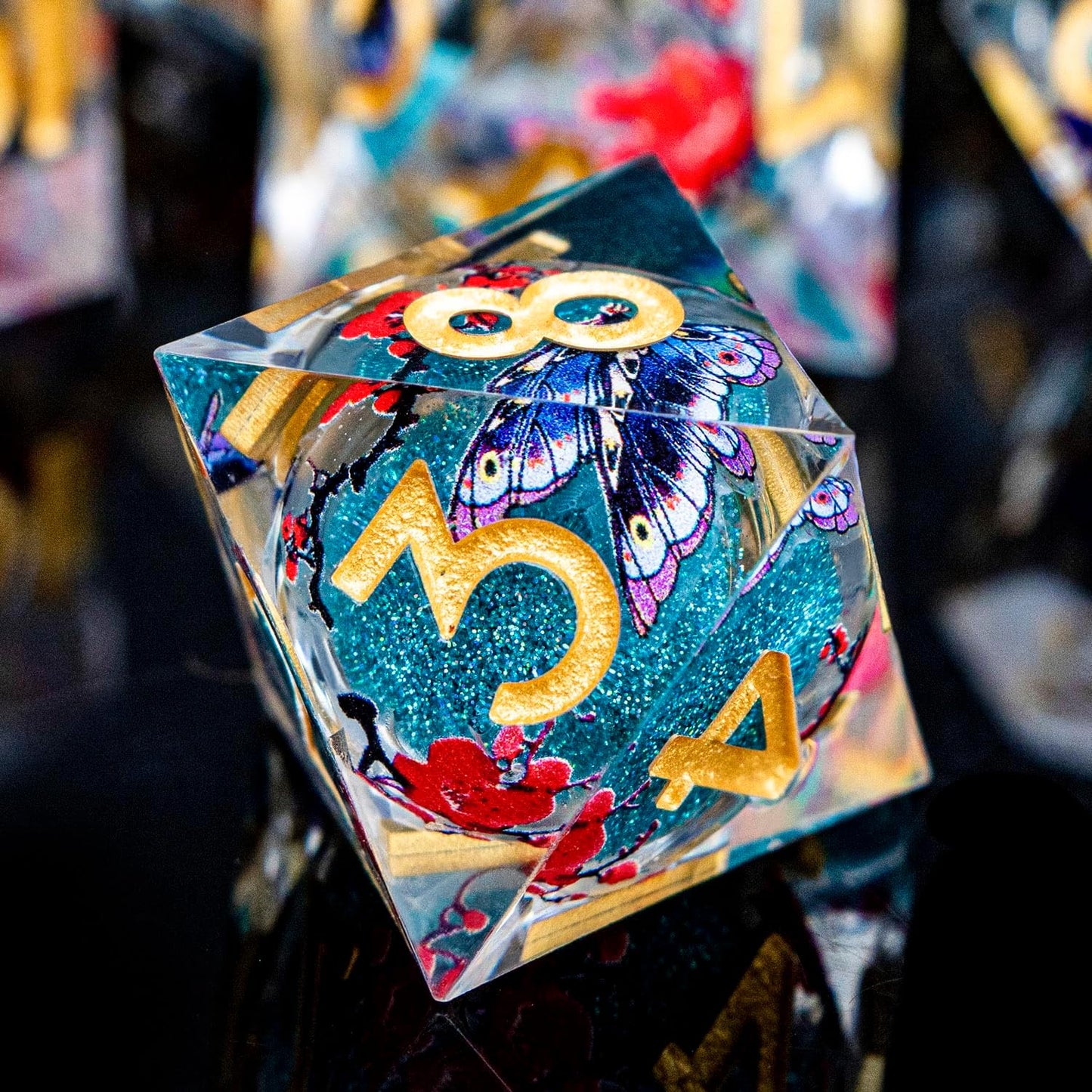 Butterfly DND Dice Blue Liquid Core Dice Set with Metal Box, Handmade Sharp Edge D and D Polyhedral Dice for use with D&D Role Playing Game, D20 D12 D10 D8 D6