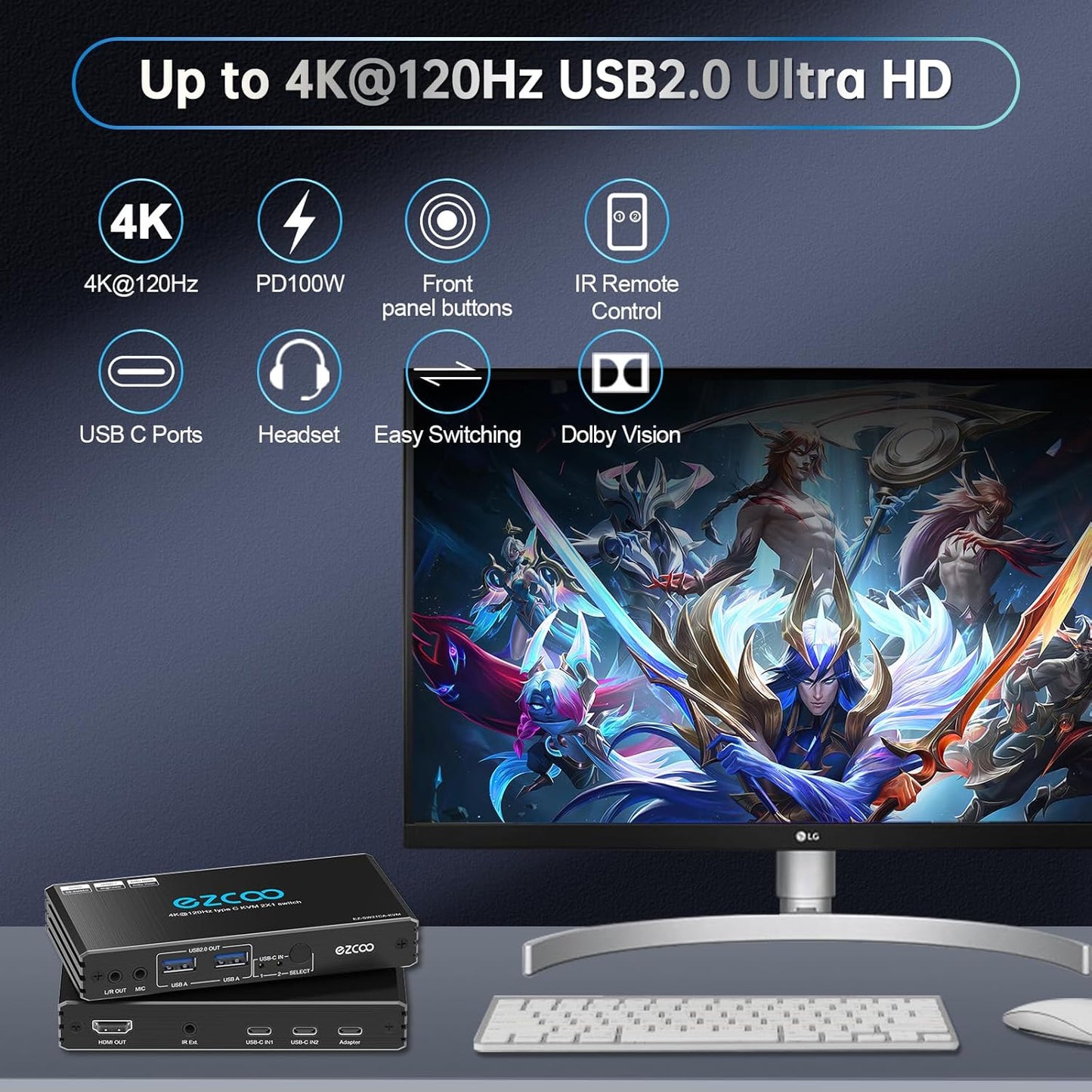 4K@120Hz USB-C HDMI2.1 KVM Switch for 2 Laptops with 2 USB 2.0 Ports L/R MIC Out Share 1 Monitors Keyboard Mouse Hard Drive Printer