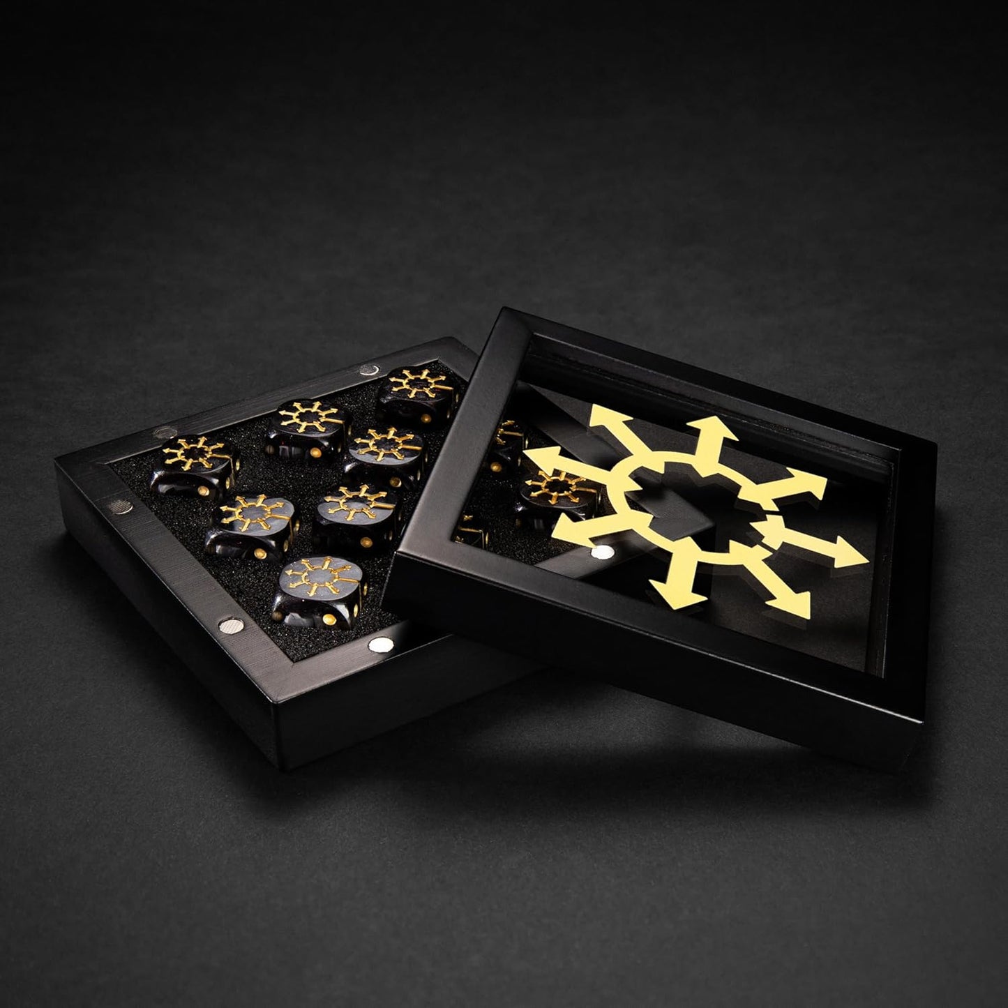 D6 Dice Set – 10× Six-Sided Resin Dice with Themed Designs – 16mm Tabletop for Wargames, RPGs, MTG, and Board Games (B-Dice in Wooden Box, Chaos Dice Set)