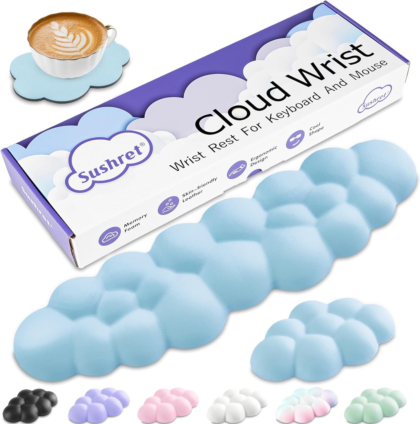 Cloud Wrist Rest Keyboard, Cloud Keyboard Wrist Pad Set with PU Leather Memory Foam, Cute Arm Rest for Palm Support, PC/Gaming Desk Accessories/Office Setup/Computer Hand Cushion - Blue