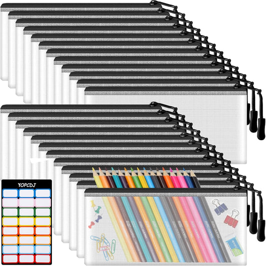 24pcs Mesh Zipper Pouch Bags 9.3 x 4.7 Inches, Black Small Clear Pouches Bulk, Travel Cosmetics Organization, Classroom and Office Supplies