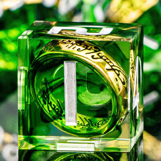 Magic Golden Ring DND Dice Set with Case, Green Resin Sharp Edge D and D Dice for use with D&D Tabletop Games Lord Handmade Polyhedral Dice Set D20 D12 D10 D8 D6 D4
