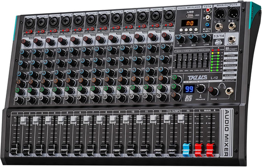 DJ Mixer, TKLBLS Professional 12 Channel Audio Mixer Board with 99-Bit DSP, Sound Board Mixing Console 7-Band EQ Output, USB Audio Interface, Bluetooth 48V Phantom Power For Karaoke Studio Streaming