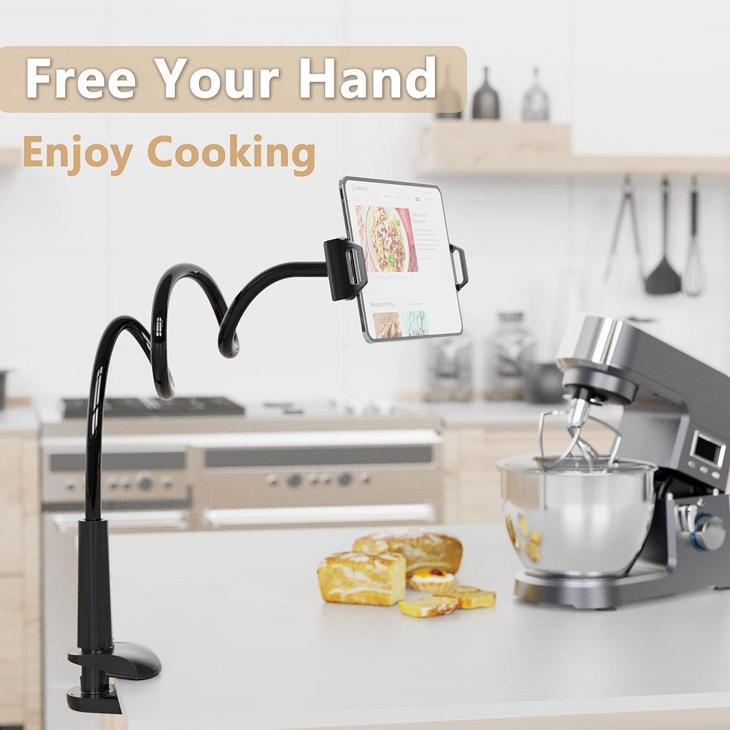 Tablet Stand Holder, Mount Holder Clip with Grip Flexible Long Arm Gooseneck Compatible with ipad iPhone/Nintendo Switch/Samsung Galaxy Tabs/Amazon Kindle Fire HD - Black