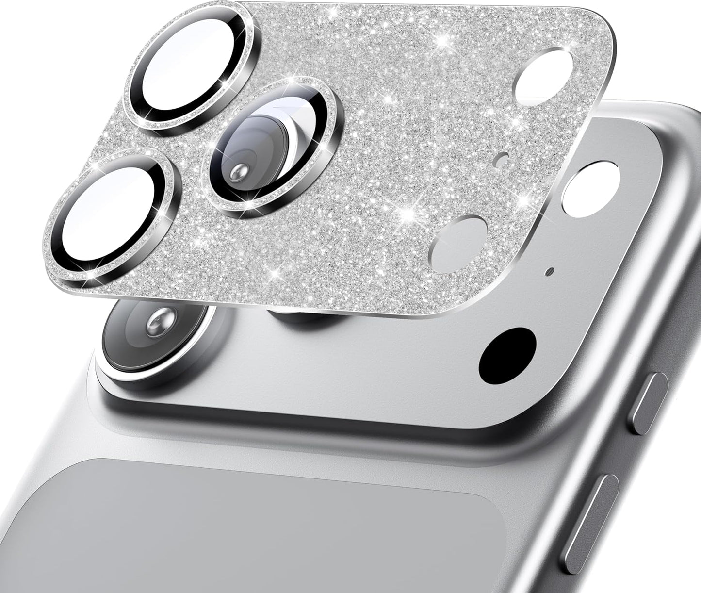 Hoerrye for iPhone 17 Pro Camera Lens Protector - [12FT Shatterproof Military Grade] [Strong Adsorption] Metal Top 9H+ Tempered Glass Camera Screen Full Cover Case Friendly,Glitter Silver