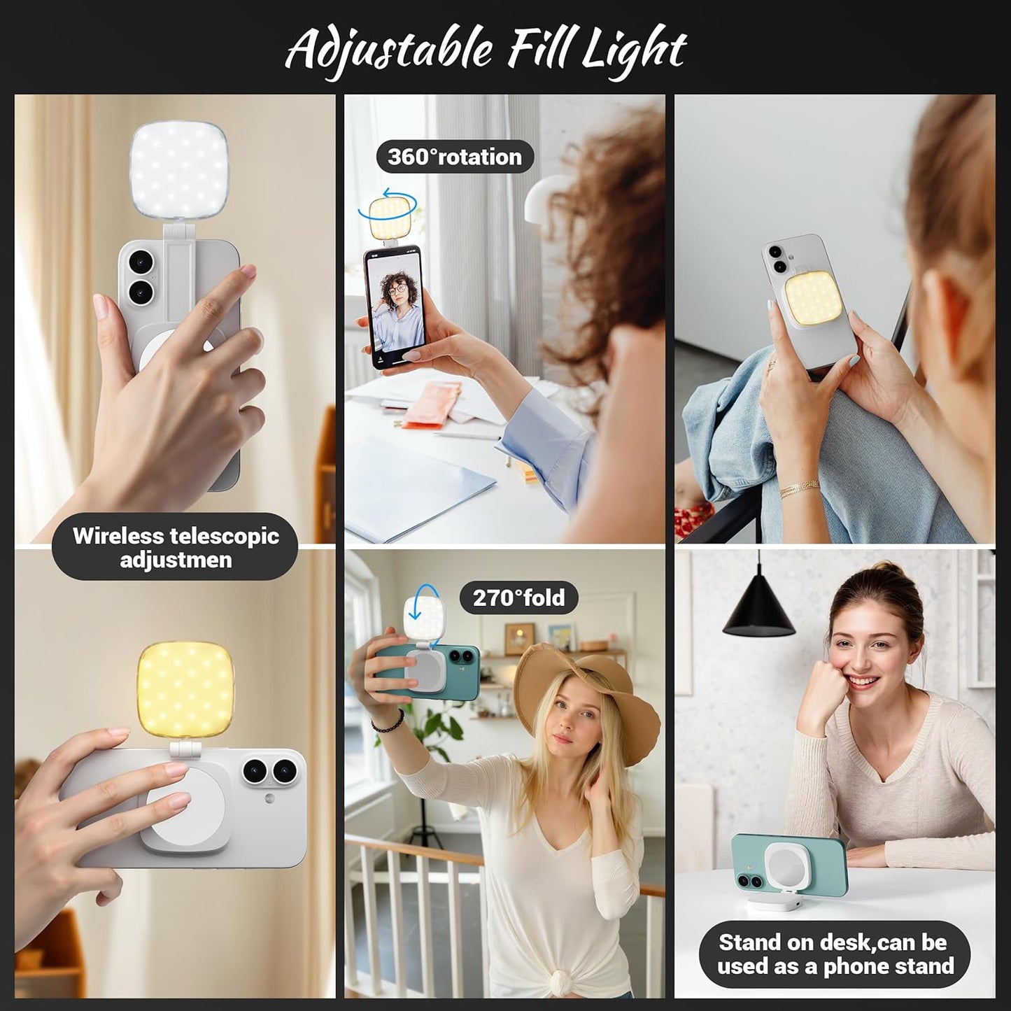 Magnetic Selfie Light for Phone: 5 Led Mode with Mirror Compatible for iPhone & Android - Rechargeable Portable Fill Light for Photography/Video Recording/Conference/Vlog/Makeup - White