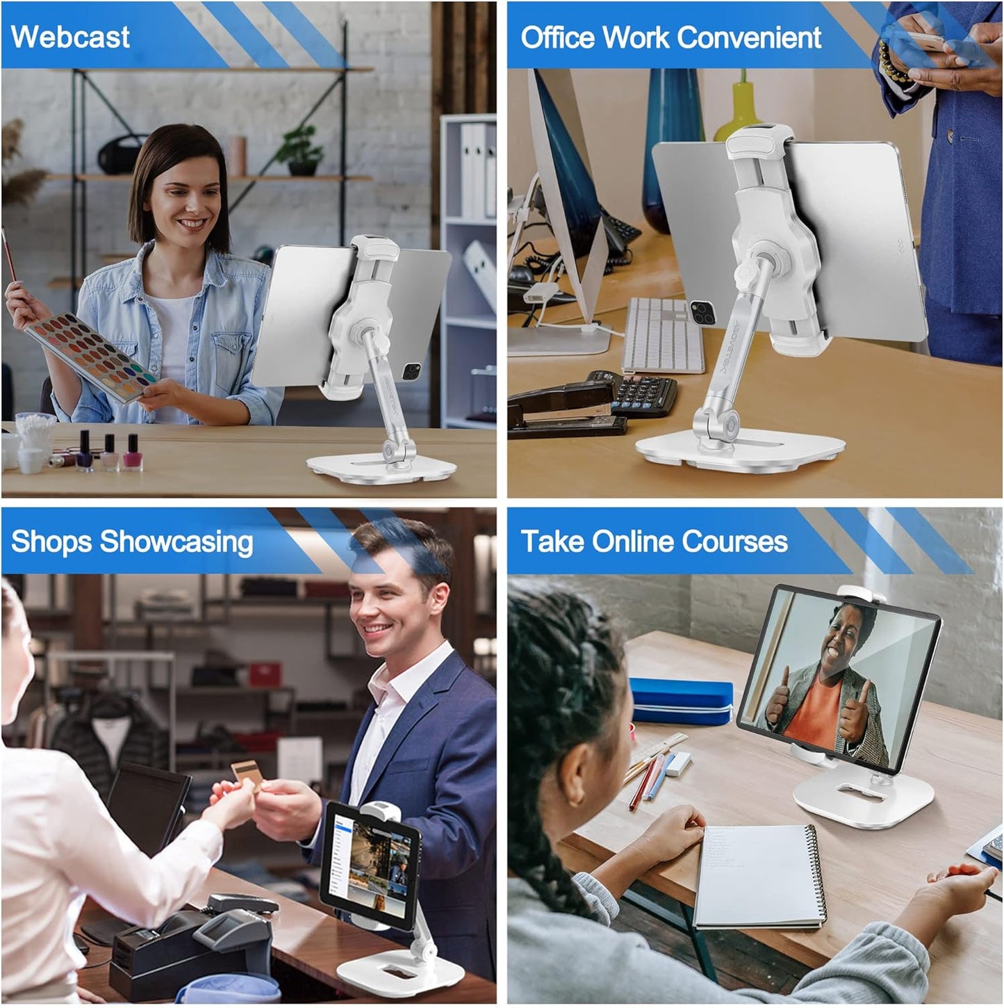 AboveTEK Upgraded Desktop Tablet Stand, 360° Swivel Tablet & Phone Desk Mount Holders for Any 4.7''-13.5'' Display iPad/Cell Phones, Stylish & Sturdy Stands for Store Office Showcase Reception (White)