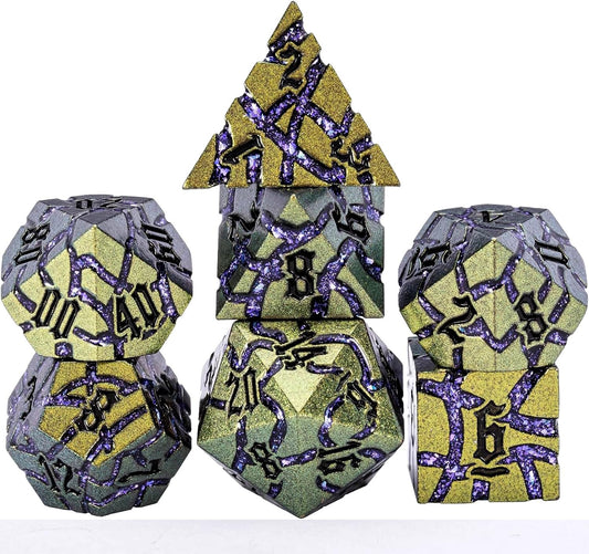 Dice Set D&D Metal,DND Metallic Glitter Crack Dice with Gift Box for RPG Board Games (Greenish Yellow Color + Purple)