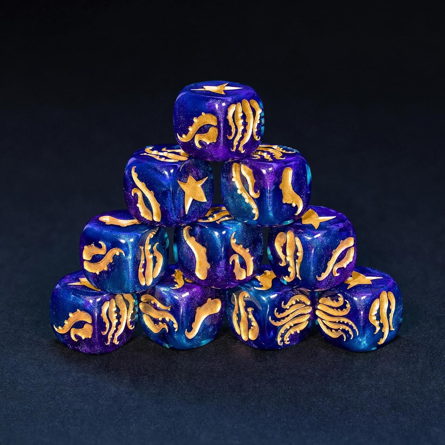 Cthulhu Tentacle Dice Set – 10 x D6 (16mm) Eldritch Horror Dice | Golden Elder Sign | Lovecraftian Resin Dice for DND, Warhammer, Call of Cthulhu & TTRPG