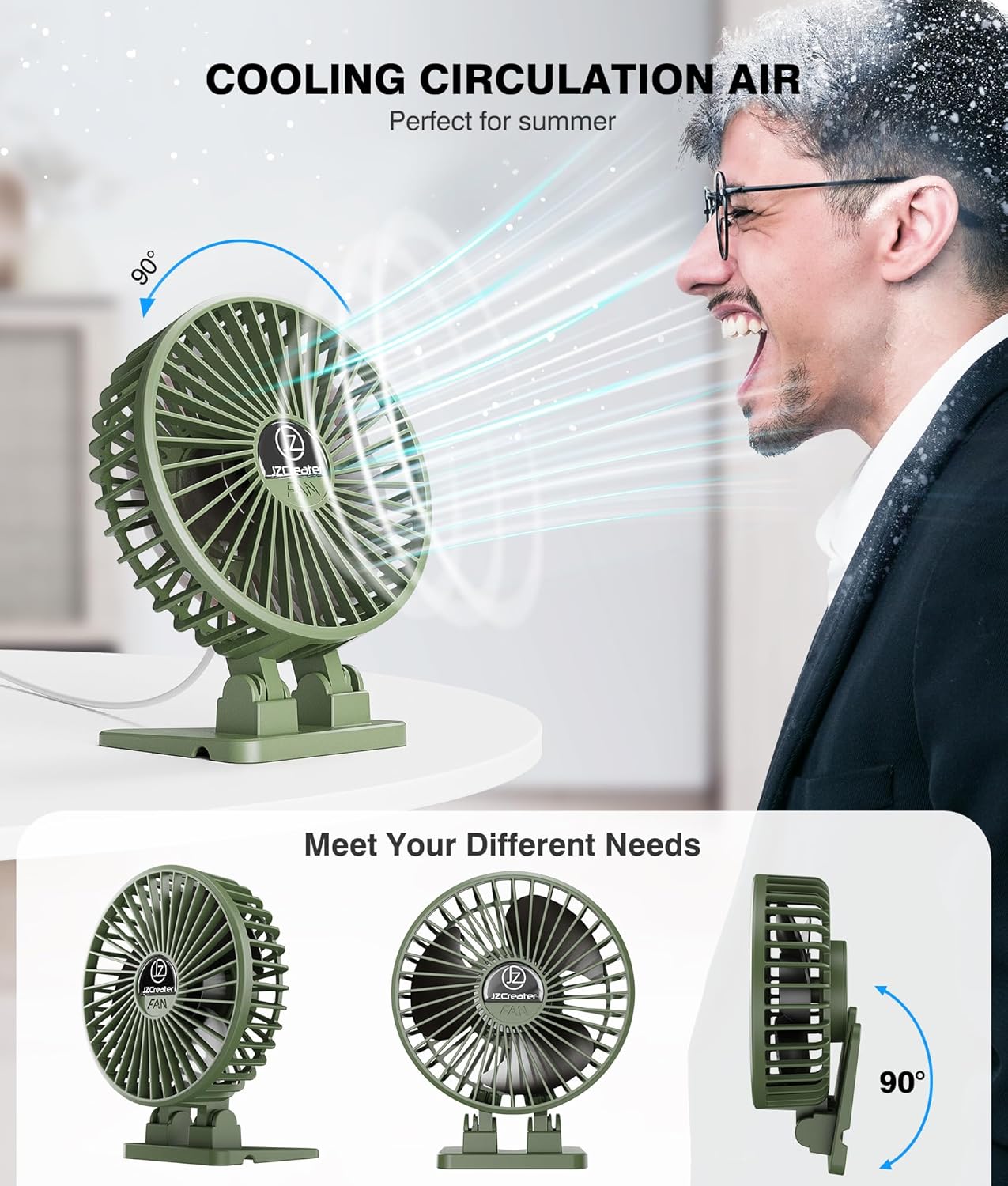 JZCreater USB Desk Fan, Mini Fan Portable, 3 Speeds Desktop Table Cooling Fans, Plug in Power Fans, Rotation Strong Wind, Quiet Personal Small Fan for Home Desktop Office Travel Bedroom, Army Green