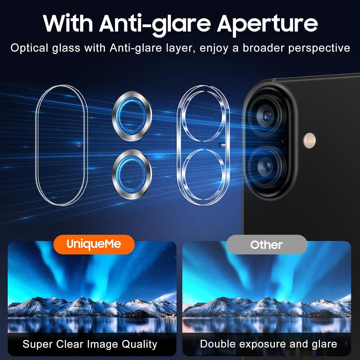 UniqueMe for 3 Pack iPhone 16 / iPhone 16 Plus Camera Lens Protector - [Drop Protection] [Case Friendly] 9H Tempered Glass Camera Cover Screen [Update New Version] - Silver