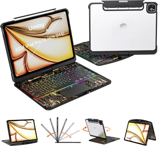 iPad Keyboard Case for 2024 M4 iPad Pro 13 inch, Magic Wireless Keyboard with Trackpad 7 Color Backlit, 360° Rotating Stand Transparent Protective Cover with Pencil Holder (Black)