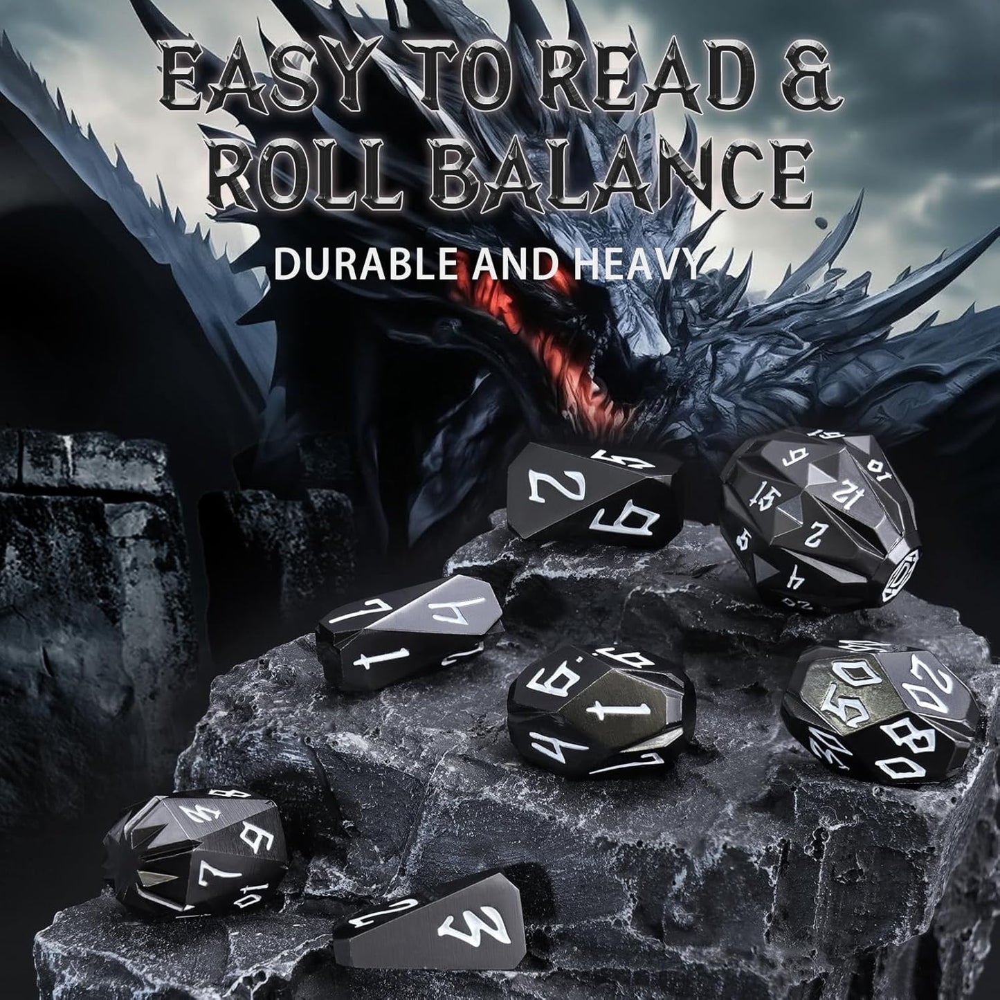 Metal DND Dice Set D and D, Dungeons and Dragons Dice of 7 RPG Dice Set Metal Unique Cool Polyhedral Dice Set with Cardboard Box for Role Playing Games TTRPG Gifts (Black)