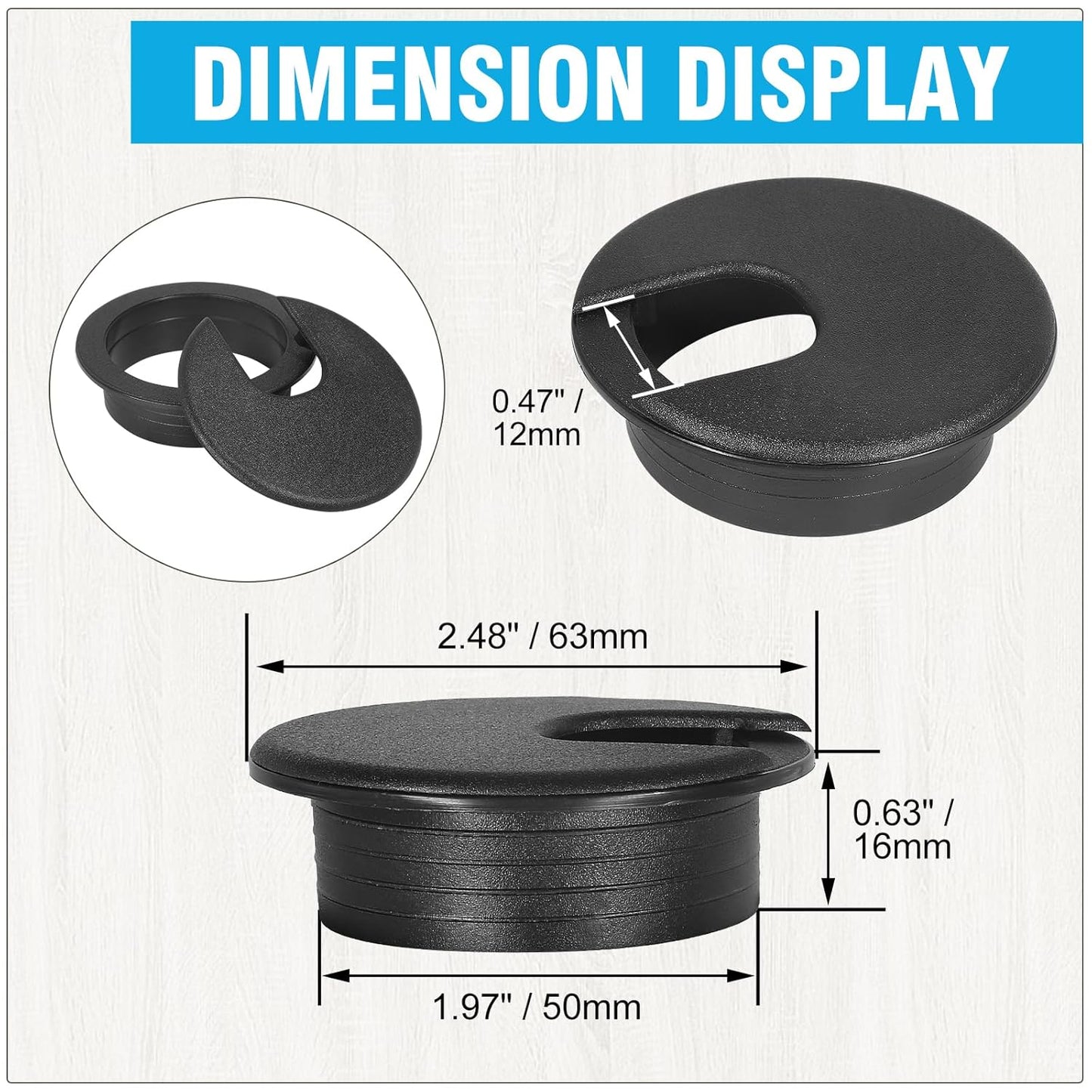 2" Black Desk Grommet, JTemgle Plastic Cable Hole Cover Computer Table Cord Wire Organizer Caps Desktop Cord Management for Home Office TV Stands Tabletops, 5 Pieces