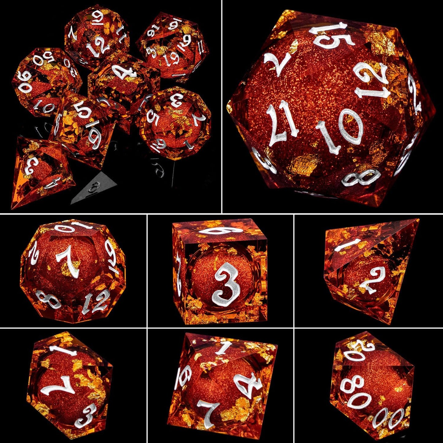 ARUOHHA Liquid Core DND Dice Set, 7pcs Resin Sharp Edged Dragons Dice Role Playing Games, RPG Silver Numbers Red Dungeons Polyhedral Dice with Gift Box D20 D12 D10 D8 D6 D4