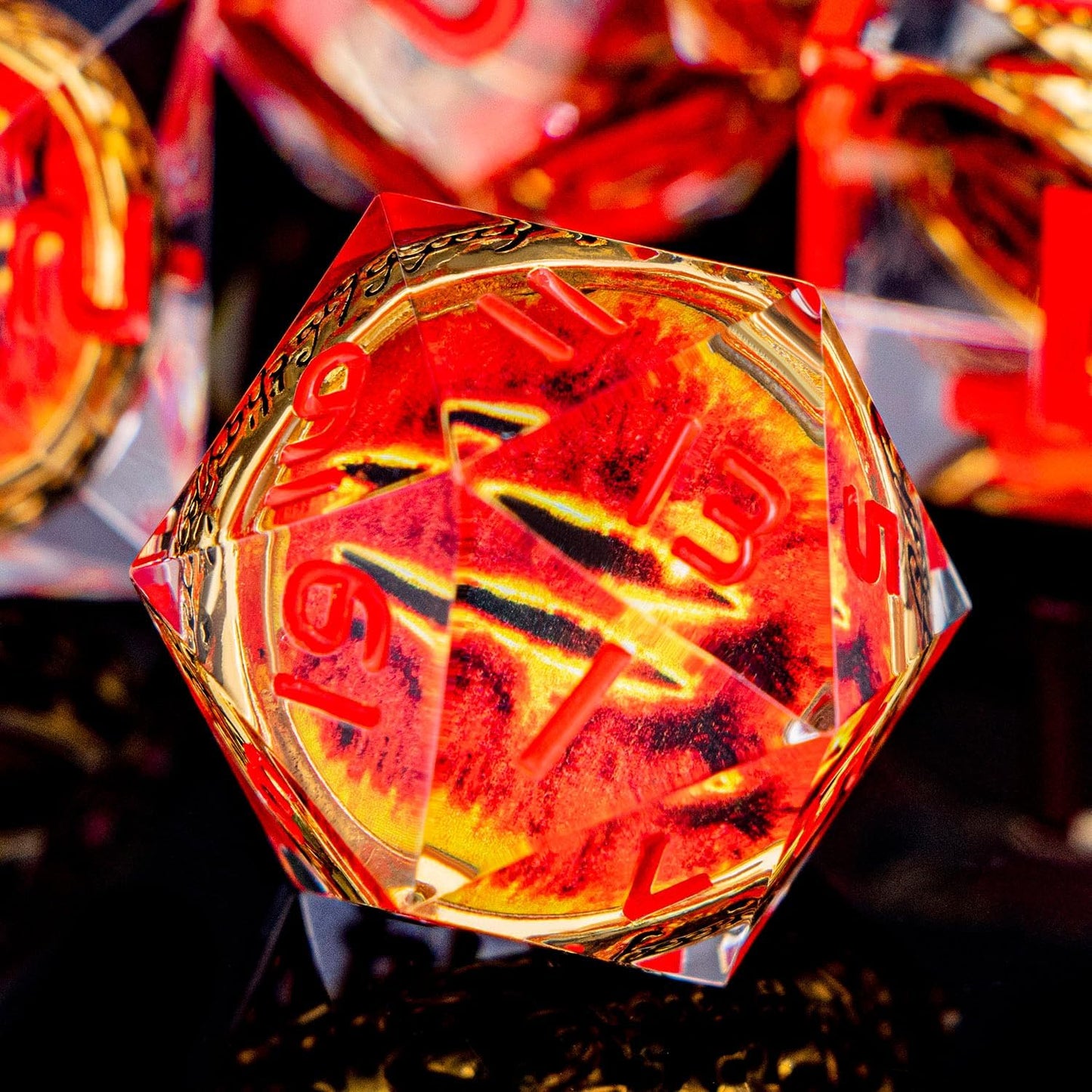 Magic Golden Ring DND Dice Set Sharp Edge Red Gaze Eye Resin Dice with Box, for use with RPG D&D Tabletop Games Lord D and D Polyhedral Dice Set