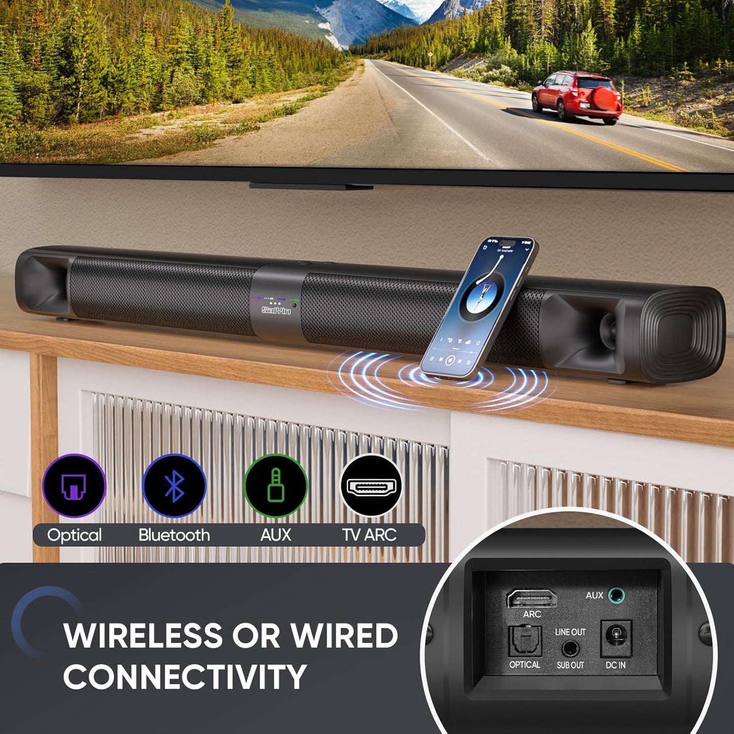 Saiyin Sound Bar for Smart TV with Subwoofer, 100W Detachable Soundbar Home Theater Surround Sound System for TV with Horn Tweeter, Adjustable Bass and HDMI-ARC/Bluetooth Optical/AUX/Connection