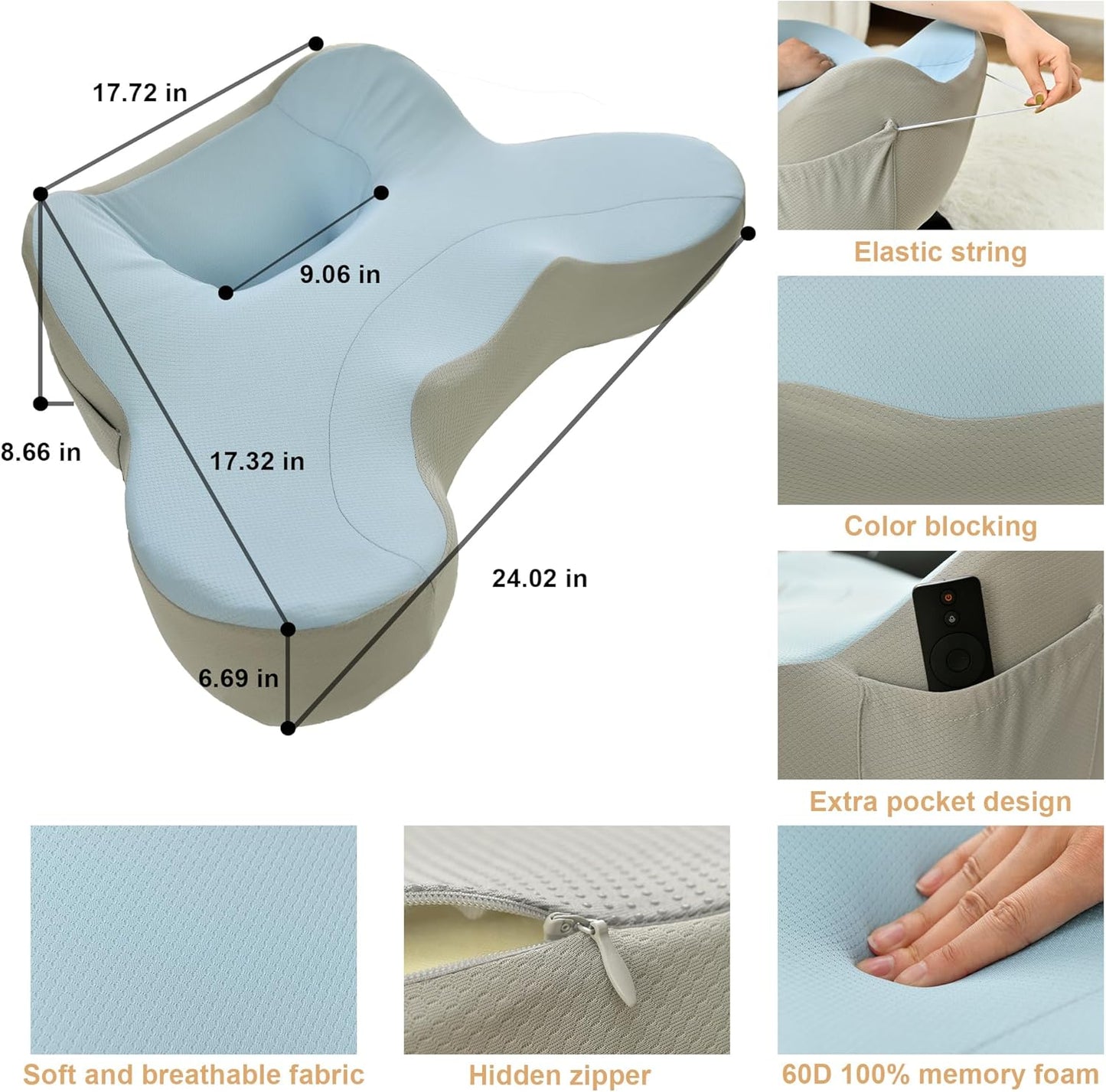 XWZO Laptop Lap Desk with Cushion, Ergonomic Wrist Rest Home Office Laptop Desk, Portable Memory Foam Arm Rest Gaming Pillow, Work or Sleep Pillow Stand for Bed, Eye Mask Included, Blue