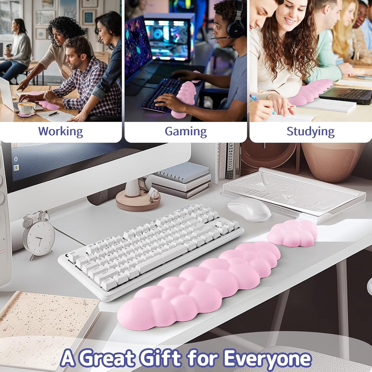 Cloud Wrist Rest Keyboard, Cloud Keyboard Wrist Pad Set with PU Leather Memory Foam, Cute Arm Rest for Palm Support, PC/Gaming Desk Accessories/Office Setup/Computer Hand Cushion - Pink