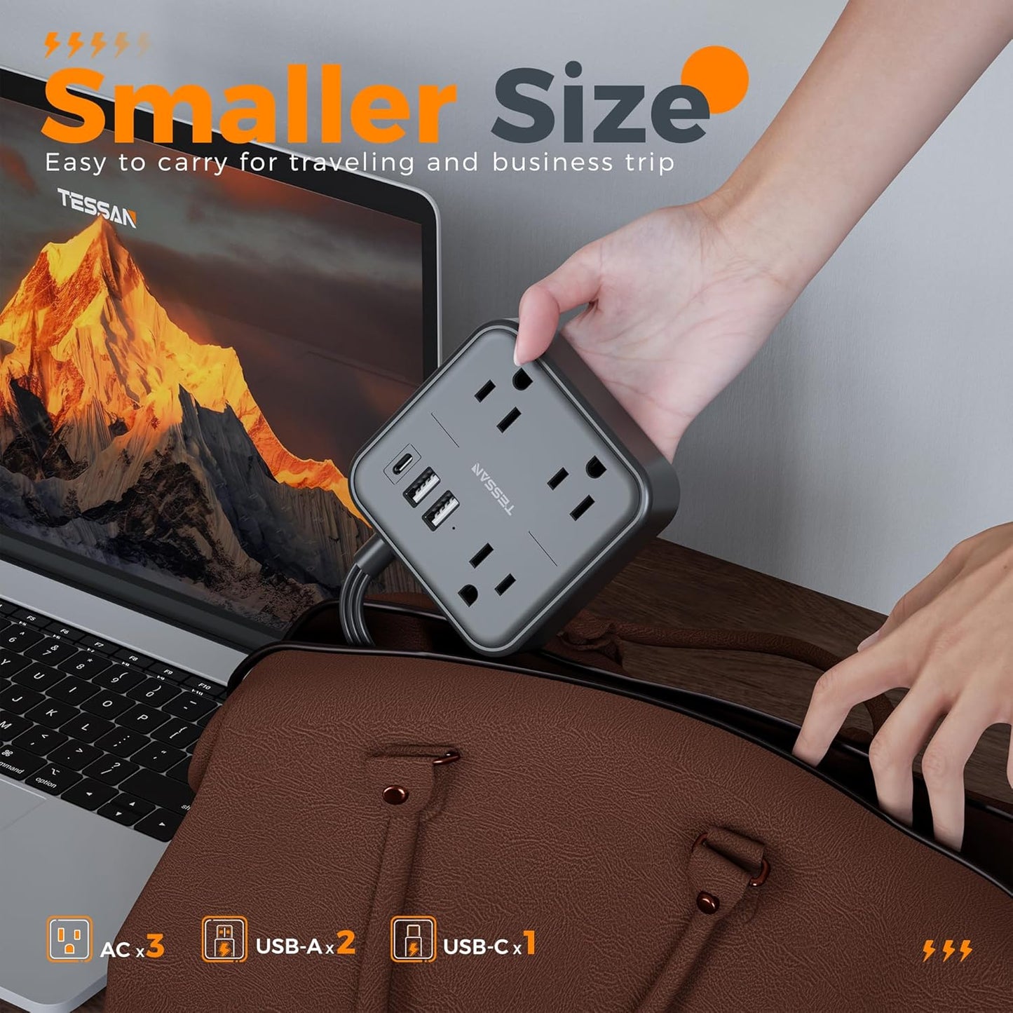 Surge Protector Power Strip, TESSAN Flat Extension Cord 5 FT with USB Ports (1 USB C) and 3 Outlets, Ultra Thin Flat Plug Wall Charger for Home, Office, School, Dorm Room Essentials, Black