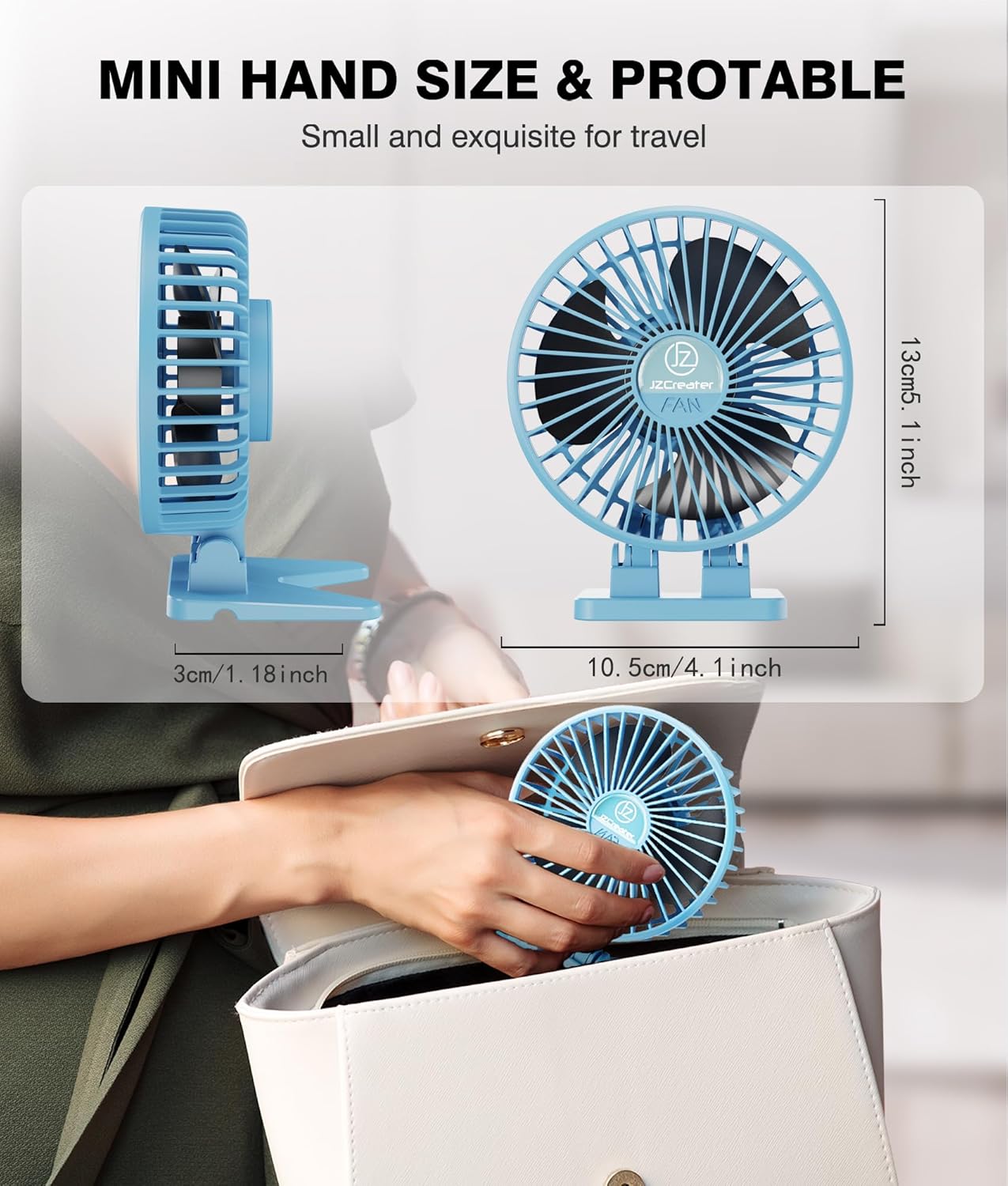 JZCreater USB Desk Fan, Portable Fan Mini, 3 Speeds Desktop Table Cooling, Plug in Power, Rotation Strong Wind, Quiet Personal Small Fan for Home Desktop Office Travel Bedroom, Sky Blue